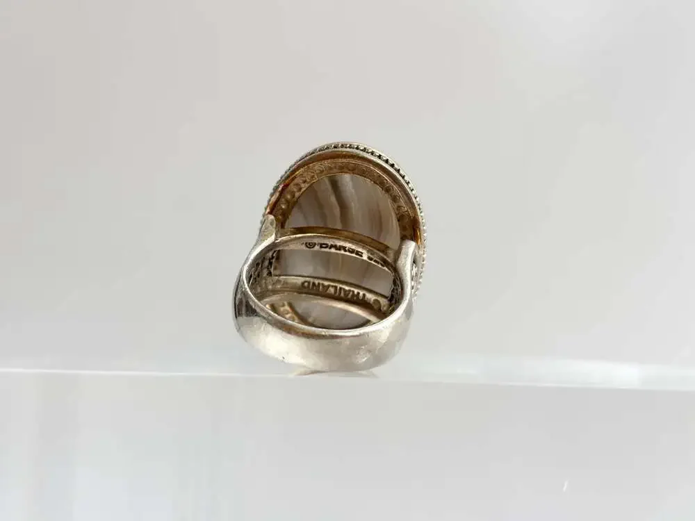 Grey Banded Agate Polished Cabochon Gemstone Sterling Silver 925 Vintage Ring -
